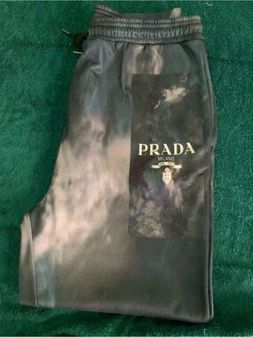 PRADA Black Marble-Print Track Pants.